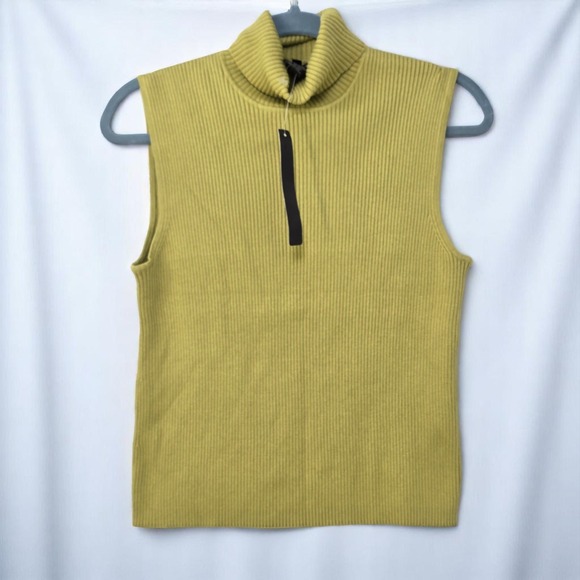 LINK Ribbed Turtleneck Sweater Vest‎ Woman Medium Olive Silk Cotton Blend Knit - Picture 1 of 10